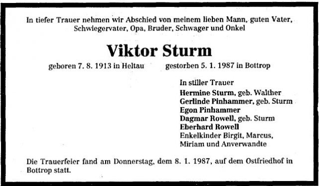 Sturm Viktor 1913-1987 Todesanzeige